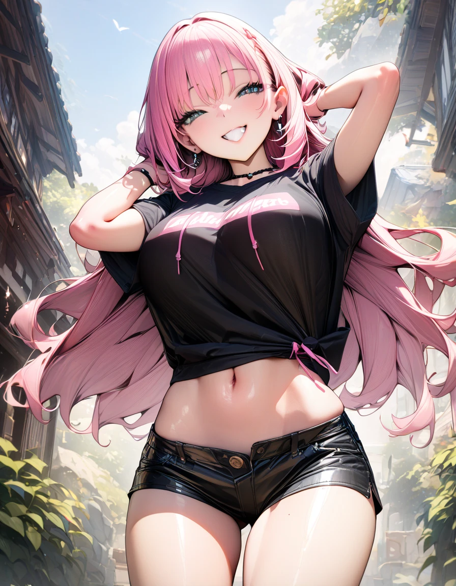 ((masterpiece,High resolution,Highest quality))
(2,A dark skinned woman,Very small waist,Super big breasts)(Erection atmosphere,Charm)
(Purple hair short,bangs,Square Blade,Dark Skin,Pink Eyes,poorly eyes)
(black t-shirts,Denim shorts,belly button)Adult Toys, choker, sexual features, erect nipples, nipple piercing.