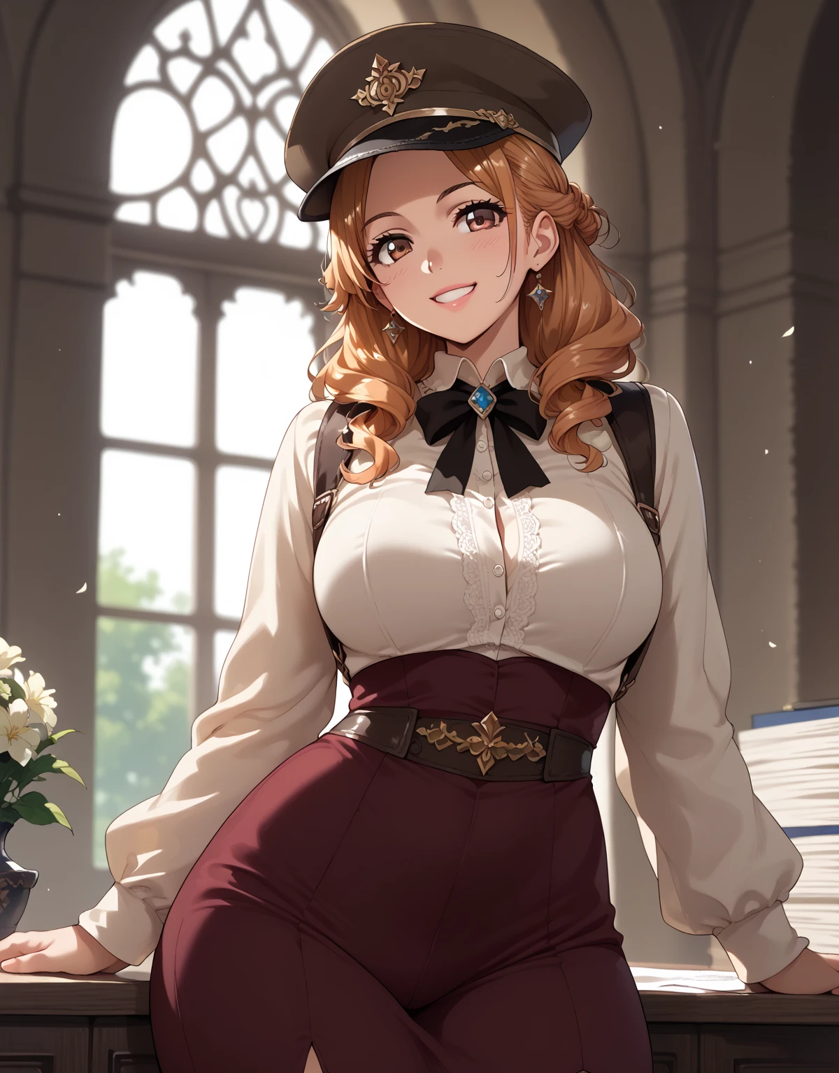 score_9, score_8_up, score_7_up, 1girl, solo, fantasy office lady, blond hair, cute hat,brown eyes, big smile, sexy woman, curvy body, elegant suit,  medieval fantasy character, indoor, fantasy indoor, adventurer guild, at the reception, takeda hiromitsu style