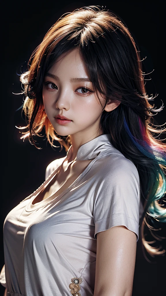 ( large silhouette top with colorful colors,  casual clothing and mode type :1.0), 8k wallpaper, wonderful, (masterpiece), ( top quality), ( Very detailed ), (illustration), ( extremely delicate and beautiful ),dynamic angle,rainbow hair , Detailed and cute face ,  extremely delicate and beautiful  girl,