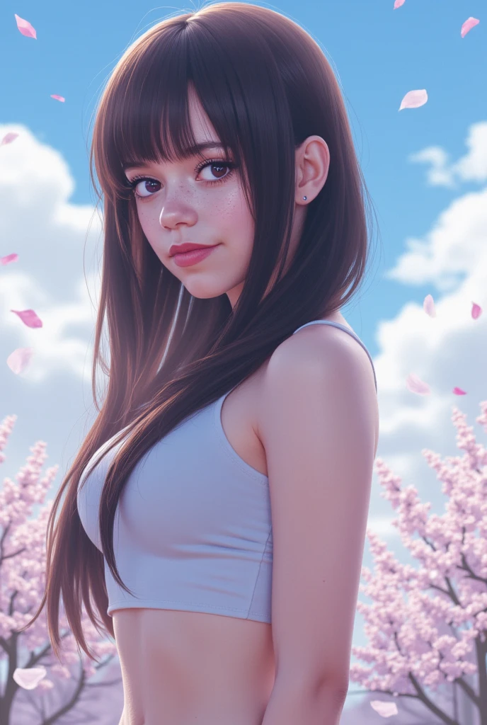 Create a photorealistic, high-resolution image of Jenna Ortega ((j3nnaort3ga)), styled similarly to Hinata from Boruto, featuring her long hair, ((purple eyes)), and a soft, sad smile. She wears a form-fitting crop top that reveals her shoulders and complements her curves, perhaps in a shade of white or light pink to match the falling cherry blossom petals. The scene is set outdoors under a cloudy sky, with cherry blossom petals gently falling around her, creating a ethereal and melancholic atmosphere. Jenna is posed in a way that echoes Hinata's shy yet determined stance, with her body turned slightly to one side, facing the camera with a mix of vulnerability and strength. The composition is perfect, balancing her figure with the falling petals and the cloudy sky, ensuring a harmonious visual arrangement. The focus is on her detailed ((pink lips)) and blushed cheeks, with realistic skin texture and hair strands. The image should capture her mature beauty with accurate body proportions and realistic features, resembling a professional photoshoot with careful lighting and perspective. The color grade should have a soft, pastel tone to complement the cherry blossoms and cloudy sky, perhaps with hints of blue and pink, creating a dreamlike quality.