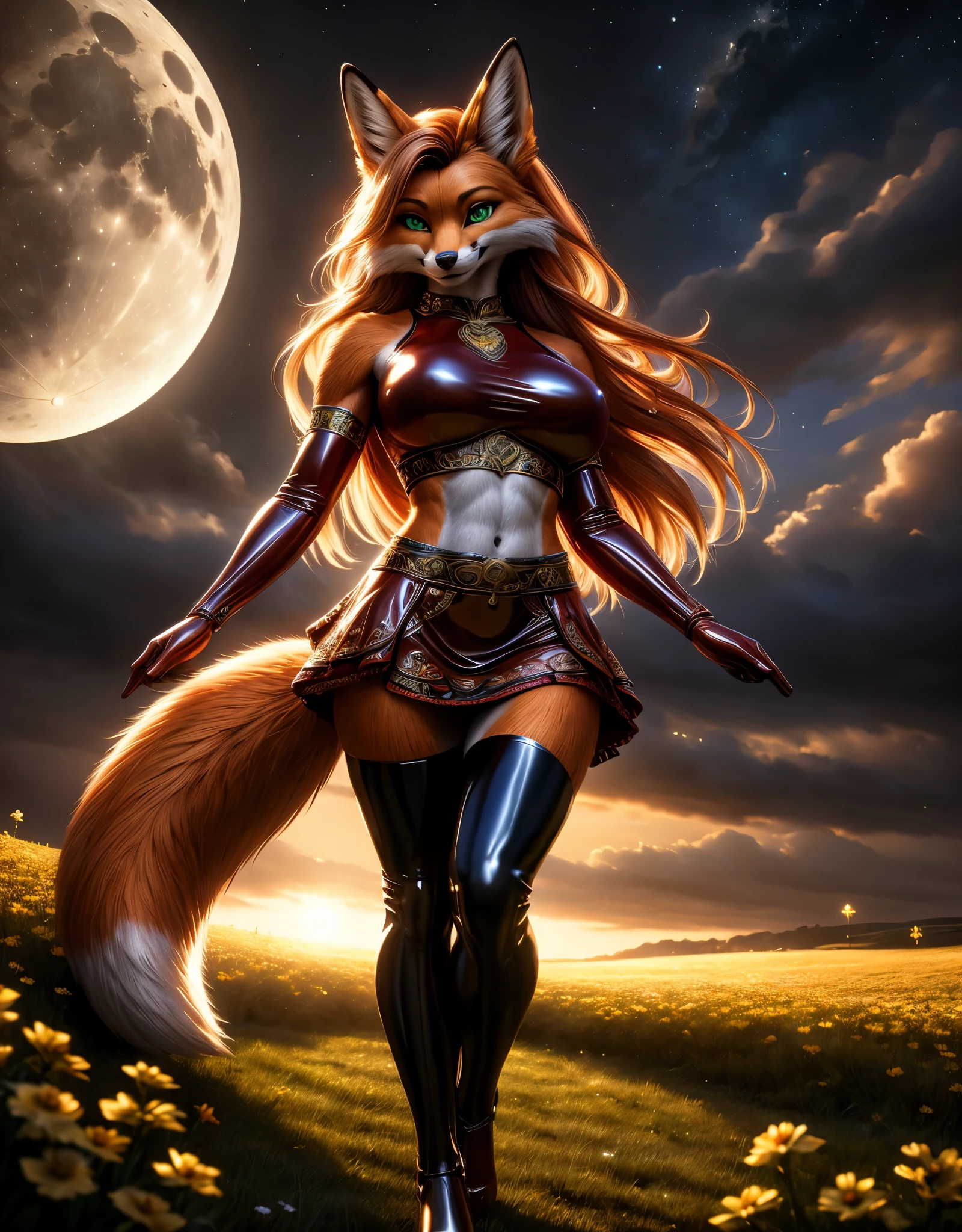 Fox,  furry-fox, anthropomorphic foxy ,  full body, big large silicone breasts, green eyes, perfect eyes, peach very long  hair ,latex gloss top, red latex  skirt, red latex stockings,full length, extreme detailed, masterpiece,8k, stunning, highly detailed, 8k, ornate, intricate, dehazed, atmospheric,duration:1.6), (best quality,4k,8K,high resolution,masterpiece:1.2),ultra-detailed,(realistic,photo-realistic,photo-realistic:1.37),physically based visualization,professional photography,bright colors,cinematic lighting,  moon , night, field, Шедевр, 