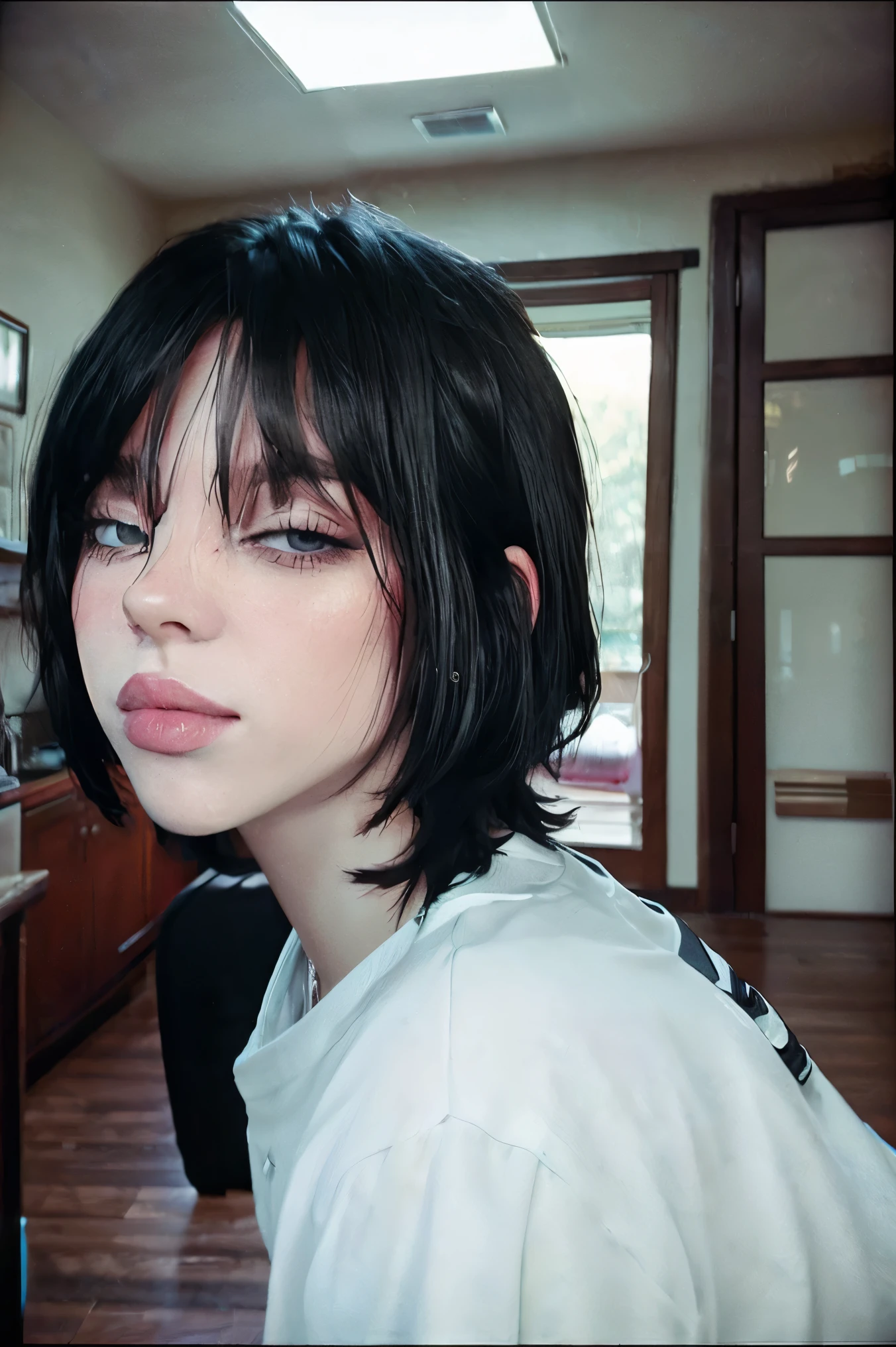 (photorealism:1.2), beautiful woman, bob cut, teen, black hair, Fujifilm X100V, polaroid, indoor, messy hair