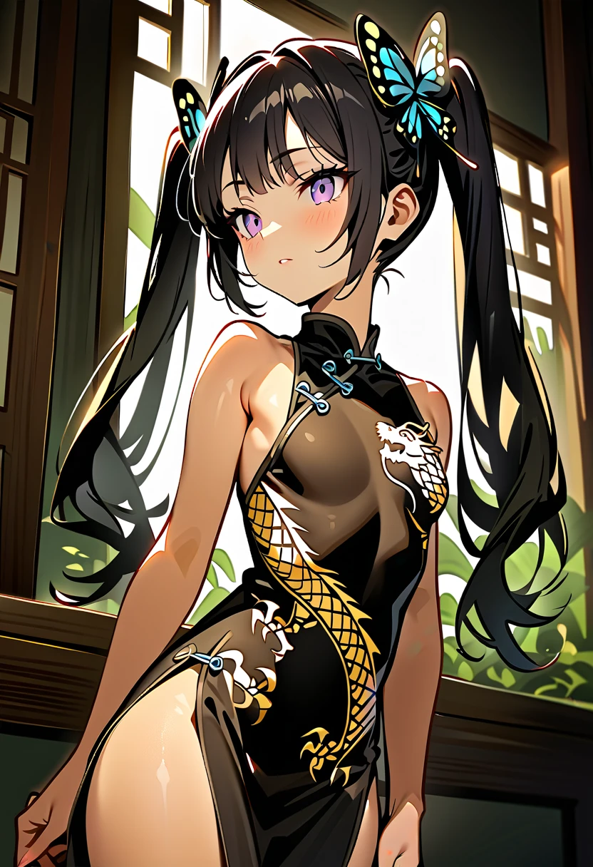 masterpiece,  best quality,  perfect face,  highest resolution, Ryuuge Kisaki,  1 girl, young,  black hair,  twin tails, Butterfly Hair Ornament,  long hair,  flat chested, Chinese Dress , dragon print, Gold embellished dress