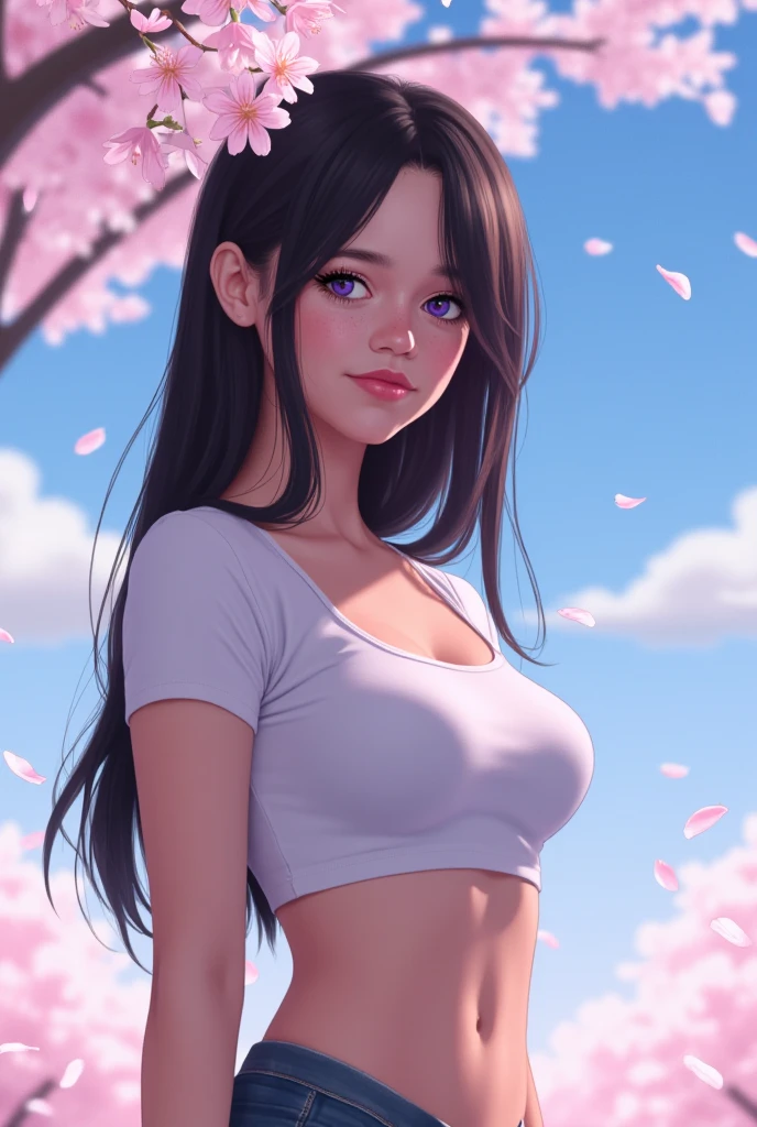 Create a photorealistic, high-resolution image of Jenna Ortega ((j3nnaort3ga)), styled similarly to Hinata from Boruto, featuring her long hair, ((purple eyes)), and a soft, sad smile. She wears a form-fitting crop top that reveals her shoulders and complements her curves, perhaps in a shade of white or light pink to match the falling cherry blossom petals. The scene is set outdoors under a cloudy sky, with cherry blossom petals gently falling around her, creating a ethereal and melancholic atmosphere. Jenna is posed in a way that echoes Hinata's shy yet determined stance, with her body turned slightly to one side, facing the camera with a mix of vulnerability and strength. The composition is perfect, balancing her figure with the falling petals and the cloudy sky, ensuring a harmonious visual arrangement. The focus is on her detailed ((pink lips)) and blushed cheeks, with realistic skin texture and hair strands. The image should capture her mature beauty with accurate body proportions and realistic features, resembling a professional photoshoot with careful lighting and perspective. The color grade should have a soft, pastel tone to complement the cherry blossoms and cloudy sky, perhaps with hints of blue and pink, creating a dreamlike quality.