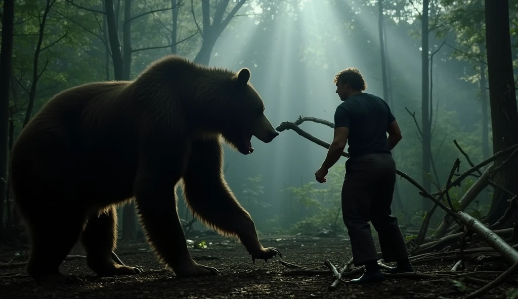 ((masterpiece)) ((photography)) ((Highest quality)) A tense survival scene in a dense, misty forest, featuring an elderly man with chestnut brown hair, his face lined with determination and fear. He wields a long, sturdy branch as a weapon, his stance defensive yet desperate as he faces off against a massive, ferocious bear. The bear's fur is matted, its claws extended, and its teeth bared in a menacing roar. The forest around them is dark and foreboding, with rays of dim light piercing through the canopy, highlighting the intensity of the moment. The ground is littered with leaves and broken branches, adding to the raw, primal energy of the fight.