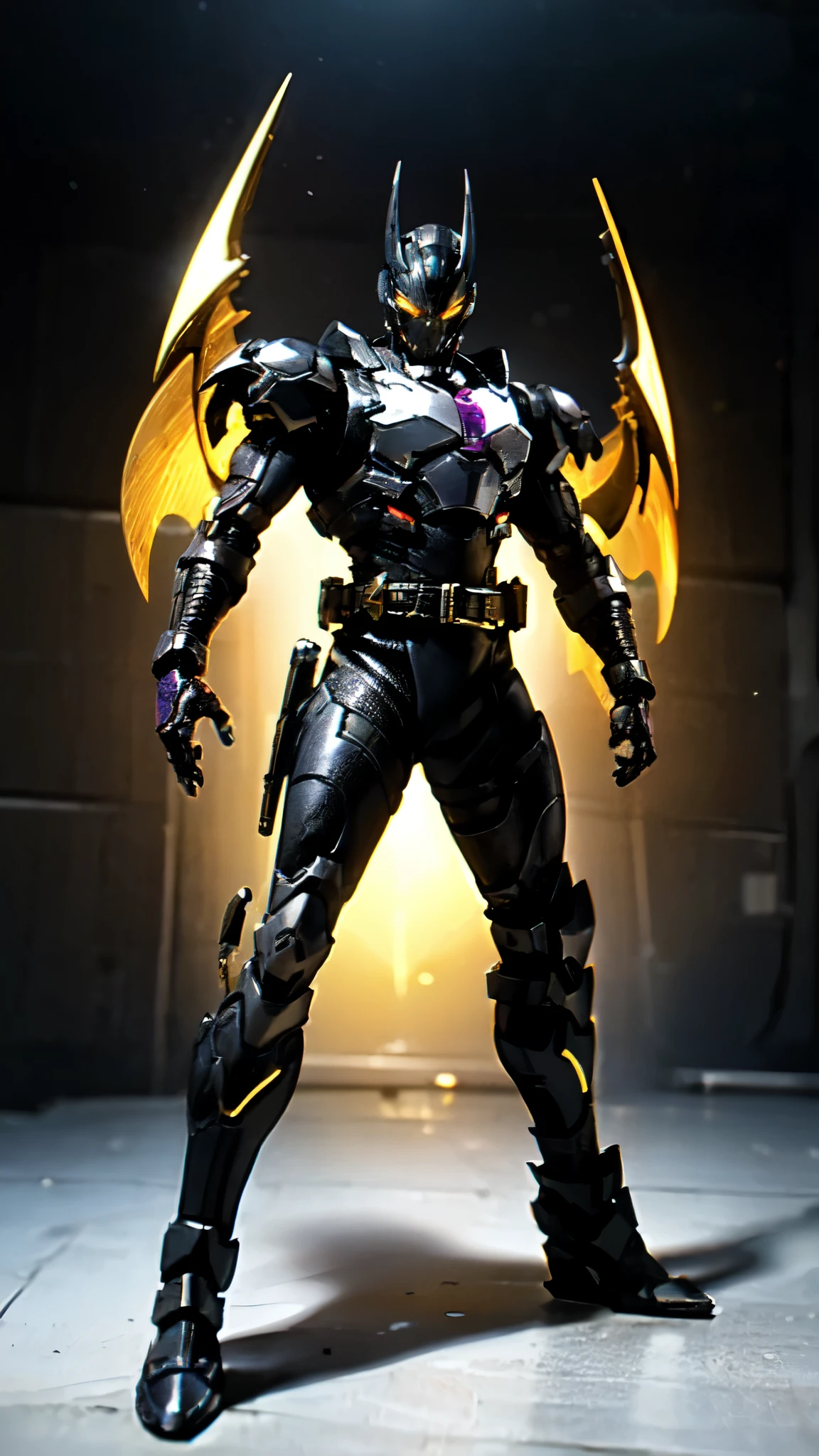 (masterpiece:1.5, best quality:1.5, extremely delicate:1.5), ((male:1.5)), a man wearing a full-face helmet, high-tech biomimetic armored combat suit, (a composite layered chest armor), the design balances heavy with agility, fully enclosed shoulder guards, matching arm and leg guards, a belt of gemstone, (the color scheme is primarily Red with Purple and Yellow accents, Organic Biotech, Concept Inspired by Vampire, glowing eyes, armor glows, huge cloak like devil wings), stand of a futuristic sci-fi city, this character embodies a finely crafted fantasy-style armored hero in anime style, exquisite and mature art style, metallic, high definition, highres, ultra-detailed, ultra-fine painting, professional, perfect body proportions, golden ratio, anatomically correct, symmetrical face, extremely detailed eyes and face, high quality eyes, creativity, RAW photo, UHD, 32k, Natural light, cinematic lighting, (masterpiece-anatomy-perfect:1.2)