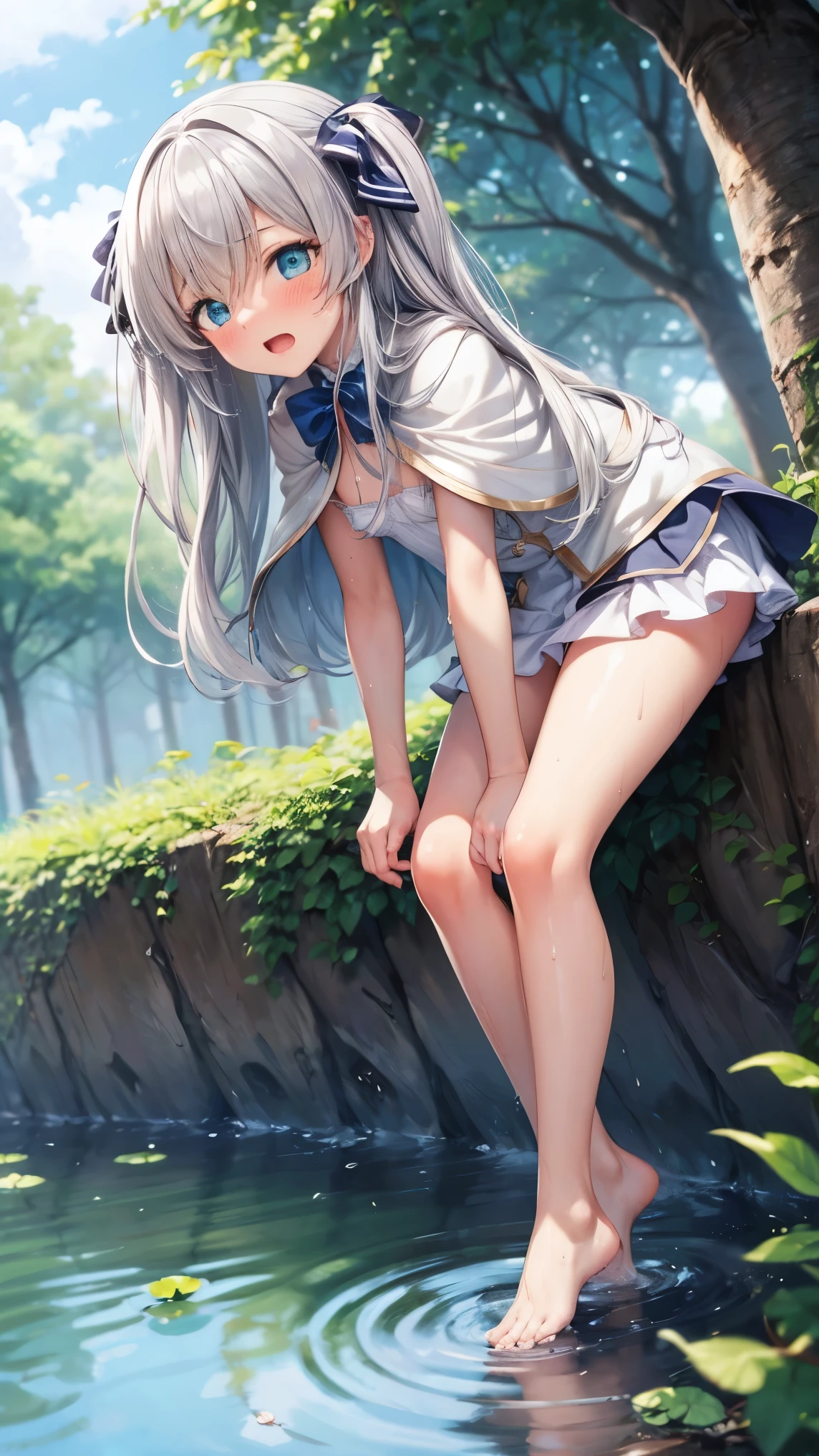 best quality,4k,8k,1girl,small breasts,loli,orgasm,blush,sweat,short eyebrows, upturned eyes,celia claire,white capelet,barefoot,white panties,fantasy,branch, day, forest, leaf, nature, outdoors, plant, pond, tree, water, waterfall,wet