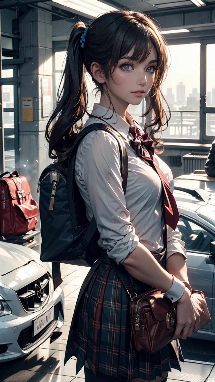  1 girl ,  standing, deadline_hideadlinex style, Home,  school uniform,  school bag ,  twin tails, car, carrying bag