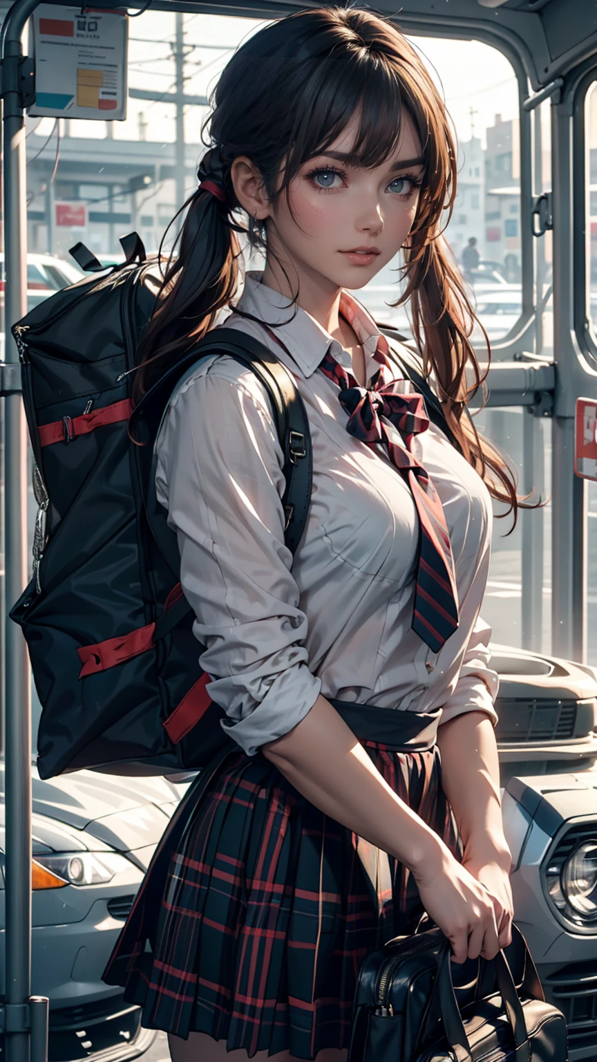  1 girl ,  standing, deadline_hideadlinex style, Home,  school uniform,  school bag ,  twin tails, car, carrying bag