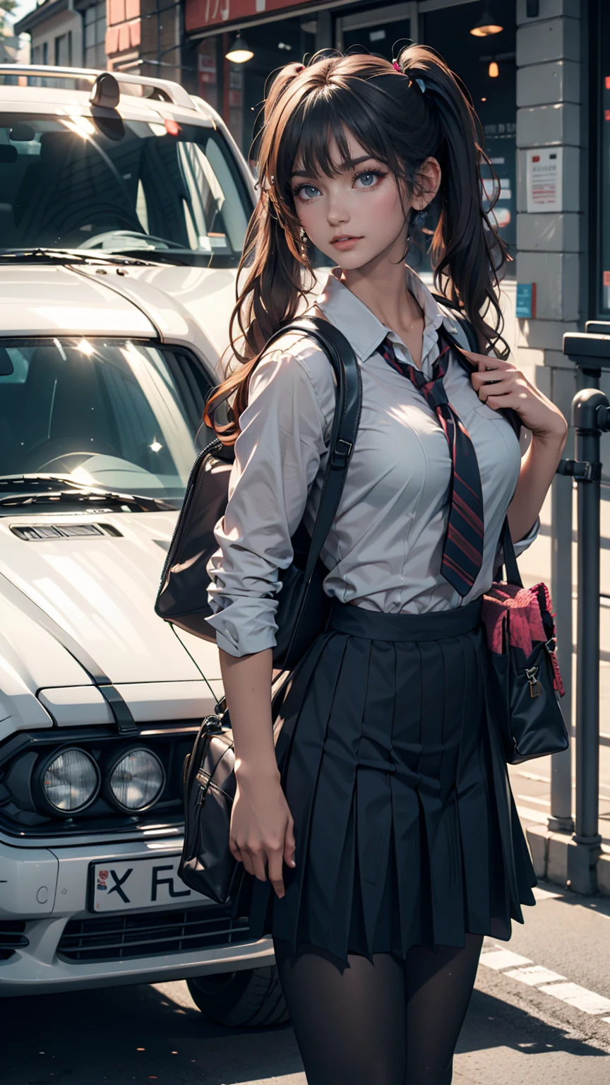  1 girl ,  standing, deadline_hideadlinex style, Home,  school uniform,  school bag ,  twin tails, car, carrying bag