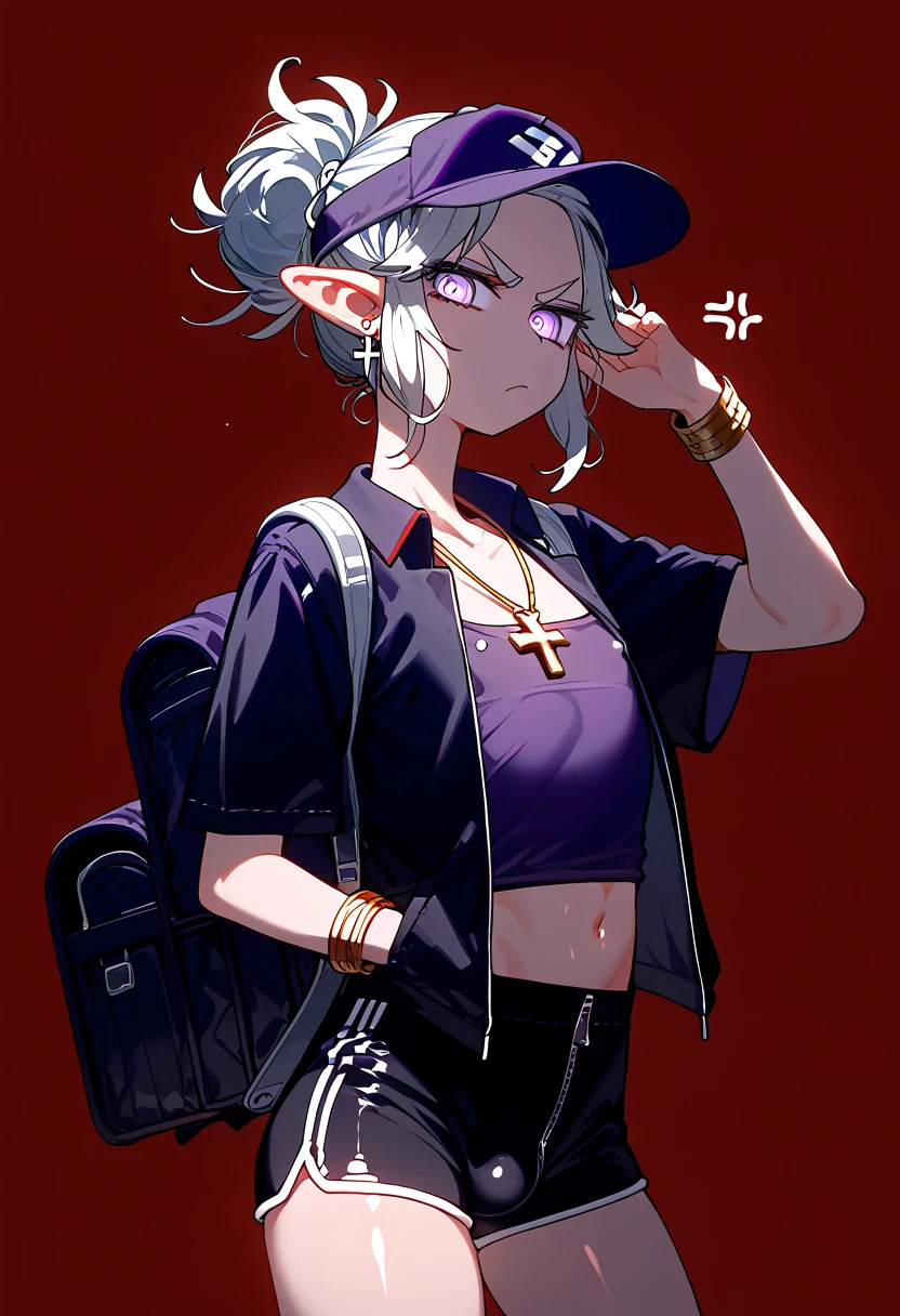  the embodiment of war as a femboy knight, helltaker , elf , elf ears, purple t-shirt, purple eyes, tied hair, red background, room background, detailed background, background with details, reflections, shadows and lights, black shorts, alone, red and gray background, femboy, annoyed, displeased, purple cap, work clothes, pin on chest, steam, Gold cross earrings, bracelets, circular silver necklace, carrying delivery backpack black, shiny skin, shiny skin, shorts with open zipper, 1 boy, alone, femboy, open legs, with her back turned showing , ass