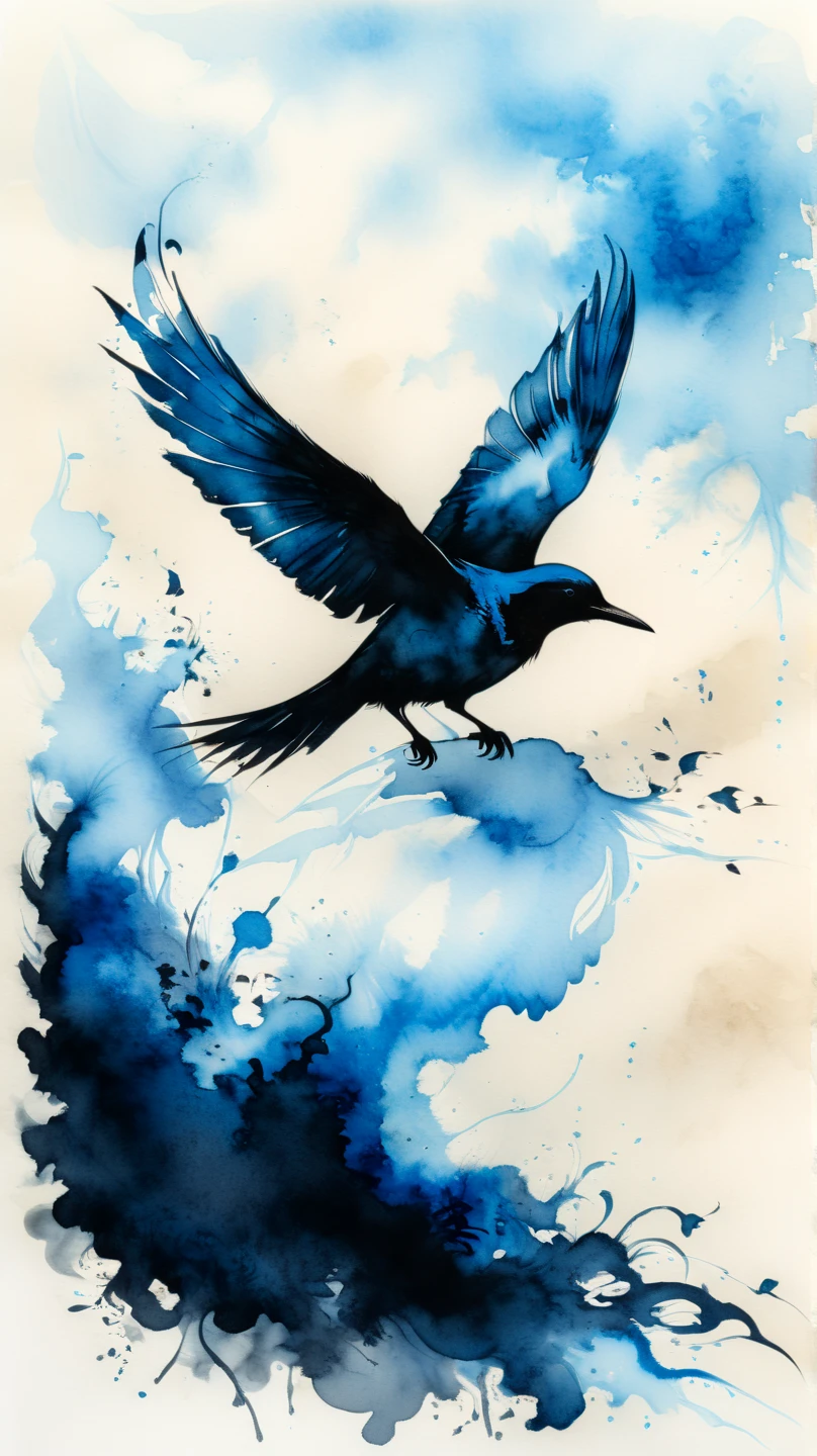 Ink and watercolour on parchment. Black and blue. Flying bird silhouette