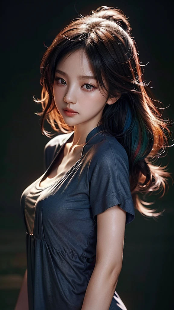 ( large silhouette top with colorful colors,  casual clothing and mode type :1.0), 8k wallpaper, wonderful, (masterpiece), ( top quality), ( Very detailed ), (illustration), ( extremely delicate and beautiful ),dynamic angle,rainbow hair , Detailed and cute face ,  extremely delicate and beautiful  girl,