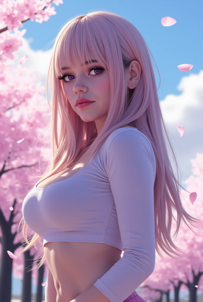 Create a photorealistic, high-resolution image of Jenna Ortega ((j3nnaort3ga)), styled similarly to Hinata from Boruto, featuring her long hair, ((purple eyes)), and a soft, sad smile. She wears a form-fitting crop top that reveals her shoulders and complements her curves, perhaps in a shade of white or light pink to match the falling cherry blossom petals. The scene is set outdoors under a cloudy sky, with cherry blossom petals gently falling around her, creating a ethereal and melancholic atmosphere. Jenna is posed in a way that echoes Hinata's shy yet determined stance, with her body turned slightly to one side, facing the camera with a mix of vulnerability and strength. The composition is perfect, balancing her figure with the falling petals and the cloudy sky, ensuring a harmonious visual arrangement. The focus is on her detailed ((pink lips)) and blushed cheeks, with realistic skin texture and hair strands. The image should capture her mature beauty with accurate body proportions and realistic features, resembling a professional photoshoot with careful lighting and perspective. The color grade should have a soft, pastel tone to complement the cherry blossoms and cloudy sky, perhaps with hints of blue and pink, creating a dreamlike quality.