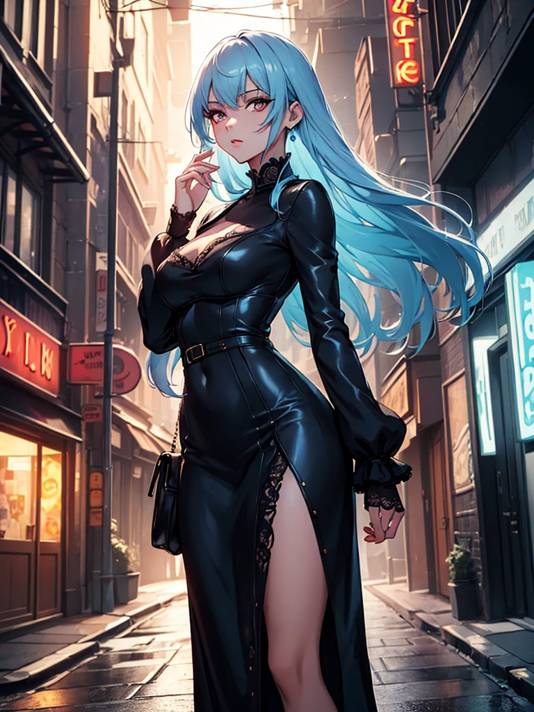 light blue hair, long hair, yellow eyes, black dress, collarbone, bare back, big boobs, inside a building, high heels black shoes, inside of building, looking at camera, close up camera, standing, holding a handbag