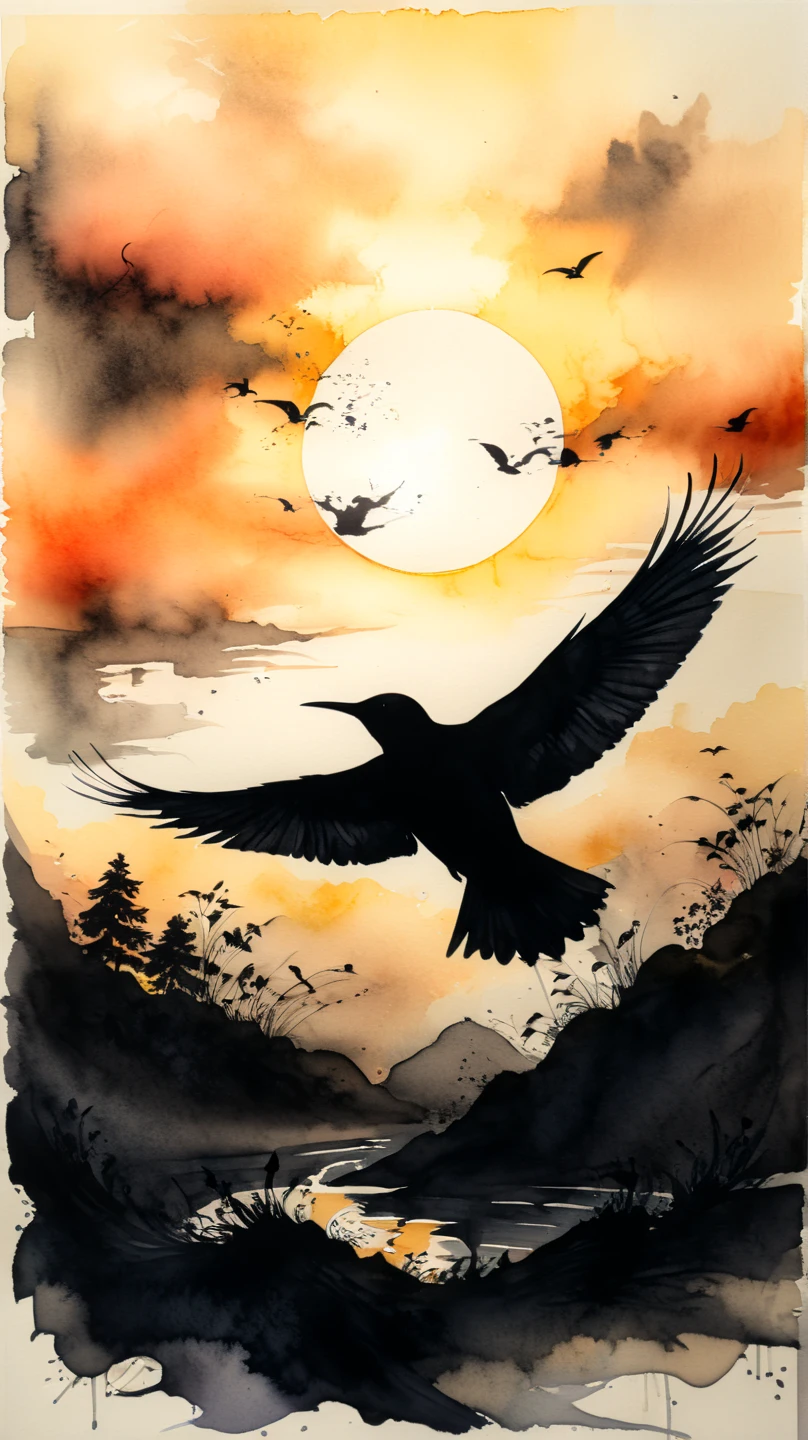 Ink and watercolour on parchment. Black only. Flying bird silhouette against the setting sun