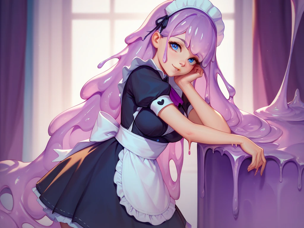 (score_9, score_8_up, score_7_up), 1girl, slime girl, purple cristal clear skin, slime purplrskin, maid outfit, long hair, blue eyes, looking at viewer, innocent, cute, medium breasts, standing, arms on sides, head tilt, pastel colors