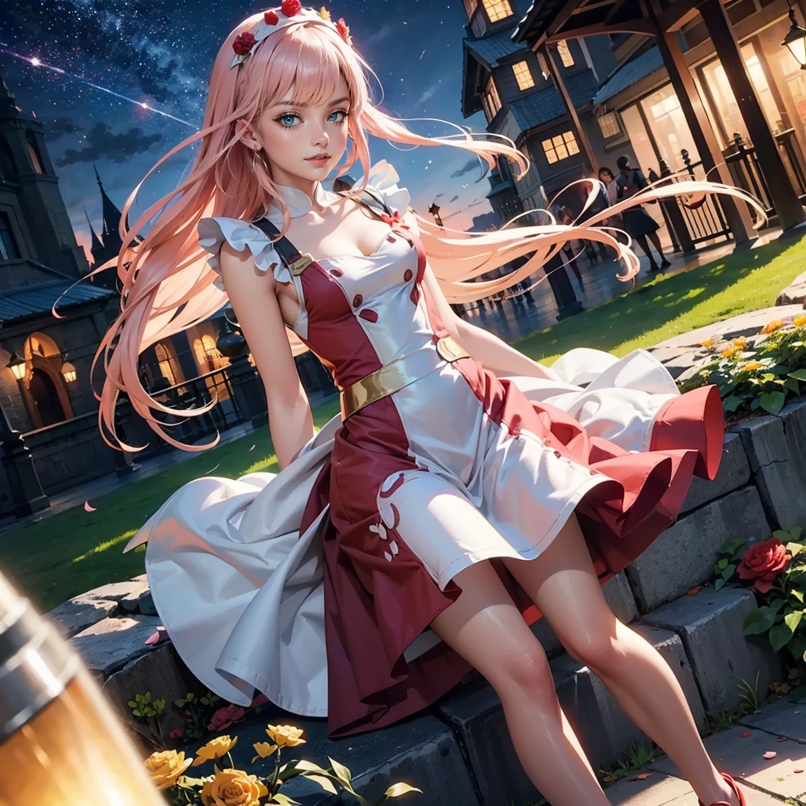 1girl, dress, solo, collarbone, long flowing hair, pink hair, floating hair, multicolored hair, perfectly body, jewelry, maid, maid dress, perfectly hands, on garden, petals, red roses, centered girl, maid, maid dress, red dress, maid apron, white apron, maid headdress, short skirt, more details on her clothes, stomach, dress with transparency, red details, night, smiling, firefly, sparkling, Best quality, cleavage, small skirt, full Body