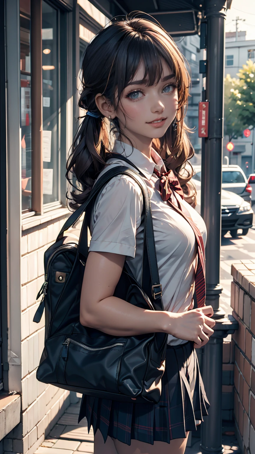  girls nude,  standing, deadline_hideadlinex style, Home,  school uniform,  school bag ,  twin tails, car, carrying bag、smile