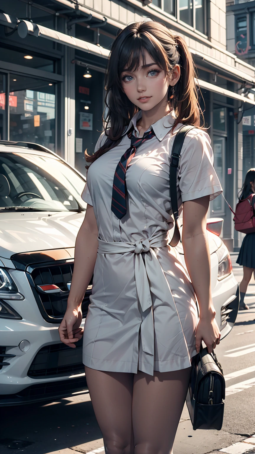  girls nude,  standing, deadline_hideadlinex style, Home,  school uniform,  school bag ,  twin tails, car, carrying bag、smile