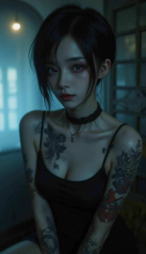 RAW photo of acute petite slim emo girl wearing (a t-shirt) and (tight black pants), dark makeup, tattoos,  (short asymmetrical black hair with sidecut), ultra wide shot, hyper-detailed, (disturbing:1.1), (majestic:1.2), (fascinating:1.2), expressions evoking a sense of vogue and fashion magazine ,highly detailed character, dramatic atmosphere, centred, cinematic, (noir:0.9),(intricate details, hyperdetailed:1.15), hard light and shadow ,(matter:1.2), (horror:1.25), directed by shane mcmellen, photo taken with ektachrome, distorted portraiture, gothic dark and moody tones, muted colors, cinematic lighting, instax film, 8k, raw photo, (film grain:1.0), (floating dust particle:1.2), 24mm, on focus, rim light, in the dark, dimly lit, low key, deep shadow,