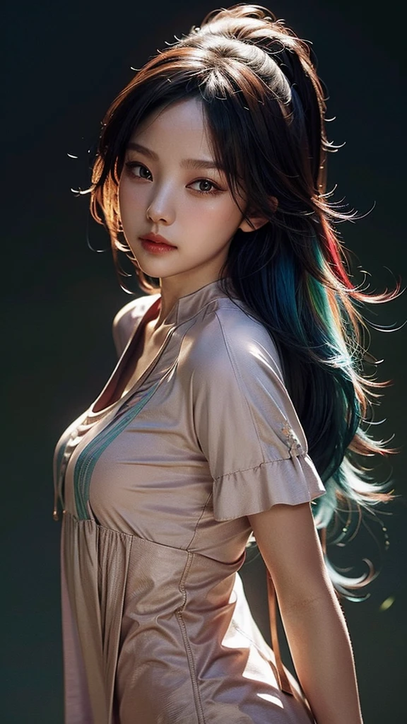 ( large silhouette top with colorful colors, casual clothing and mode type :1.0), 8k wallpaper, wonderful, (masterpiece), ( top quality), ( Very detailed ), (illustration), ( extremely delicate and beautiful ),dynamic angle,rainbow hair , Detailed and cute face , extremely delicate and beautiful girl,