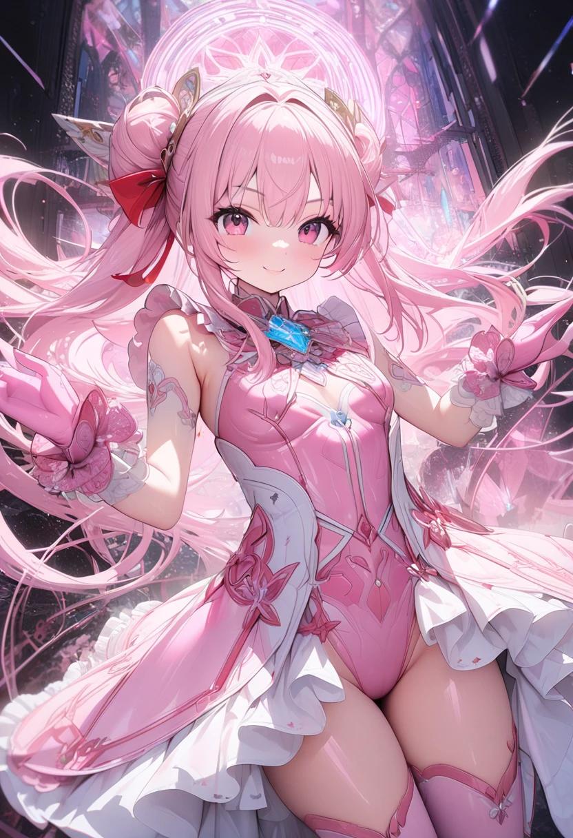 ((masterpiece)), ((best quality)), (ultra-detailed), ((kawaii)), cute, (lovely), ((sexy)), (ero), ((extremely detailed)), 4K, (8K), best quality, (beautiful), 1girl, , shiny skin, pink hair, long hair, two side up, pink eyes, magical girl, , small breasts, Smile, Miracle of God, Beloved Daughter of God, Light of God, Blessing of God, Holy Virgin, (Perfect anatomy:1.3), beautifu hands, beautiful fingers, ((pink high leg leotard:1.3)), white frilly skirt, pink gloves with white frills, pink high socks, Hair tied with a red ribbon, Magic circle, pink magic light, Starlight, pink crystal crystals, brilliance, black background, dynamic poses, dynamic angles, cowboy shot,by GOD, ((masterpiece)), ((best quality)), (ultra-detailed), ((kawaii)), cute, (lovely), ((sexy)), (ero), ((extremely detailed)), 4K, (8K), best quality, (beautiful)