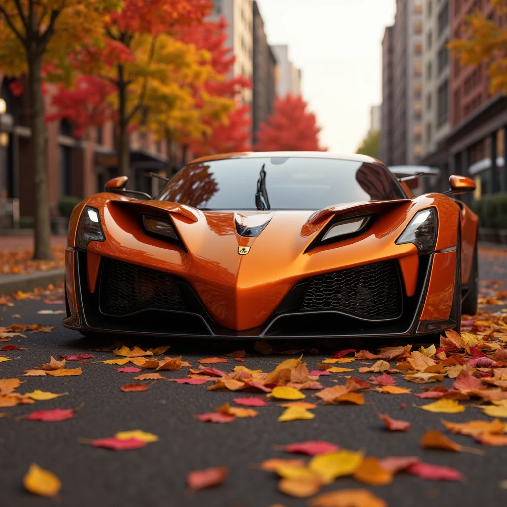 SKYLINER32, sports car parked on a street covered with leaves in autumn in a (city:1.3), fall, global illumination, volumetric lighting, best quality, highly detailed, cgi, illustration, octane render,  