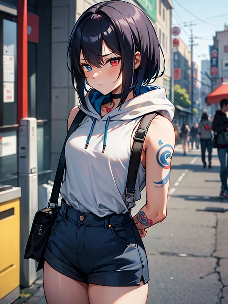 (​masterpiece, top-quality, hight resolution, Unity 8k, extremely details CG:1, Best Picture), Upper body, ((1girl, heterochromia, red eyes, blue eyestattoo, tattoo)), "A modern urban setting, a young woman wearing a simple outfit consisting of a hoodie, jeans, and casual sneakers. She is wearing a face mask and staring with a slightly intense, guarded expression, her eyes sharp as if trying to maintain a sense of control. The backdrop is a busy city street, with small shops and passersby blurred in the background. She carries only a small crossbody bag, implying minimal baggage. The mood is a mix of anticipation and tension, as this is her first meeting with someone she met online. Her posture is assertive, but her guarded demeanor contrasts with her striking beauty. The story suggests intimacy is implied after the meeting."