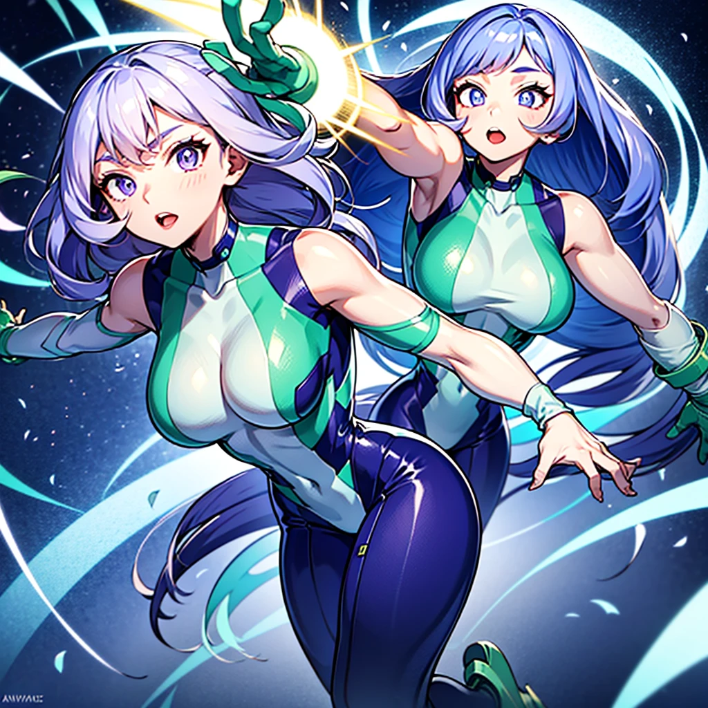 A beautiful young woman with flowing, wavy blue hair that cascades past her shoulders, wearing a futuristic, skin-tight outfit with accents of white, green, and purple. Her pose is dynamic and confident, highlighting her athletic and graceful figure. She stands against a vibrant background that conveys energy and motion, with a playful yet determined expression. The scene is illuminated with soft, glowing light that accentuates her otherworldly charm, inspired by the aesthetics of anime and superhero designs