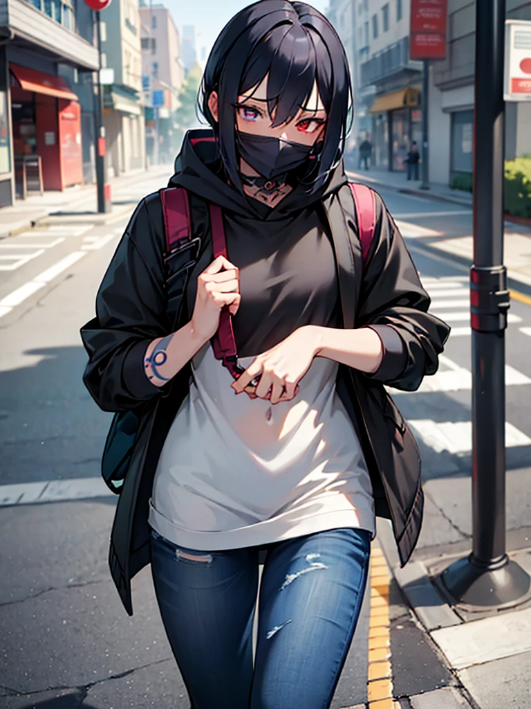 (​masterpiece, top-quality, hight resolution, Unity 8k, extremely details CG:1, Best Picture), Upper body, ((1girl, heterochromia, red eyes, blue eyestattoo, tattoo)), "A modern urban setting, a young woman wearing a simple outfit consisting of a hoodie, jeans, and casual sneakers. She is wearing a face mask and staring with a slightly intense, guarded expression, her eyes sharp as if trying to maintain a sense of control. The backdrop is a busy city street, with small shops and passersby blurred in the background. She carries only a small crossbody bag, implying minimal baggage. The mood is a mix of anticipation and tension, as this is her first meeting with someone she met online. Her posture is assertive, but her guarded demeanor contrasts with her striking beauty. The story suggests intimacy is implied after the meeting."