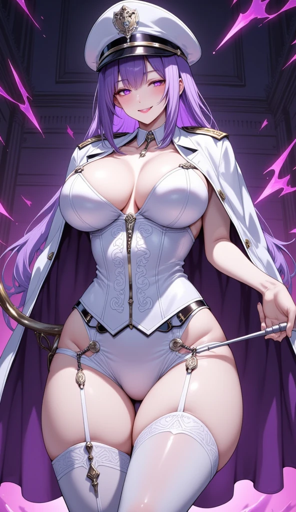  mature beautiful woman with ,( best quality, very detailed depiction , Incredibly Absurd High Definition ,Curvaceous Body,Beautiful legs, Pottery Skin ,High quality anime drawings:2.0),(Female executive of an evil organization:2.3),(White Latex Military Costume :2.0, Shiny White Bondage Corset with Intricate Structures:2.0,White Latex Tight Skirt :2.0,military hat,Military cloak, leather thigh-high boots, Long Grove ,Leather Choker,White tights),(Purple Eyes,Crazy Eyes:2.0, half closed his eyes :2.0, big breasts, Wicked Smile :2.3,Shiny purple lips,Sharp teeth like a beast, are opening their mouths,Shadowed face,Seductive gestures, have a whip in their hands:2.0), full body image ,From below:2.0,background:battlefield