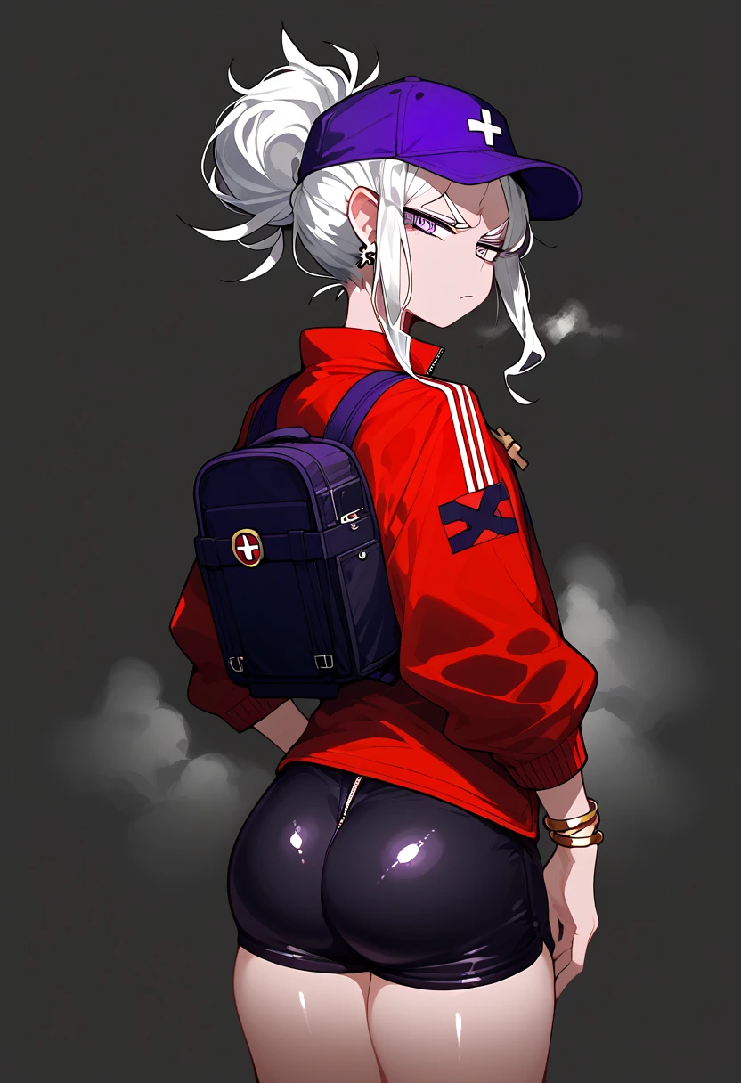  the embodiment of war as a femboy knight, helltaker , elf ears,purple t-shirt, red jacket , purple eyes, tied hair, red background, room background, detailed background, background with details, reflections, shadows and lights, black shorts, alone, red and gray background, femboy, annoyed, displeased, purple cap, work clothes, steam, Gold cross earrings, bracelets, circular silver necklace, carrying delivery backpack black, shiny skin, shiny skin, shorts with open zipper, 1 boy, alone , ass