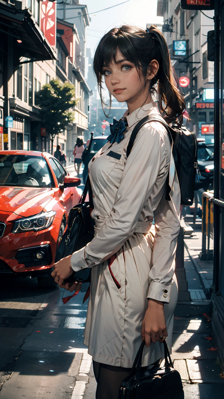  girls nude,  standing, deadline_hideadlinex style, Home,  school uniform,  school bag ,  twin tails, car, carrying bag、blue sky、smile