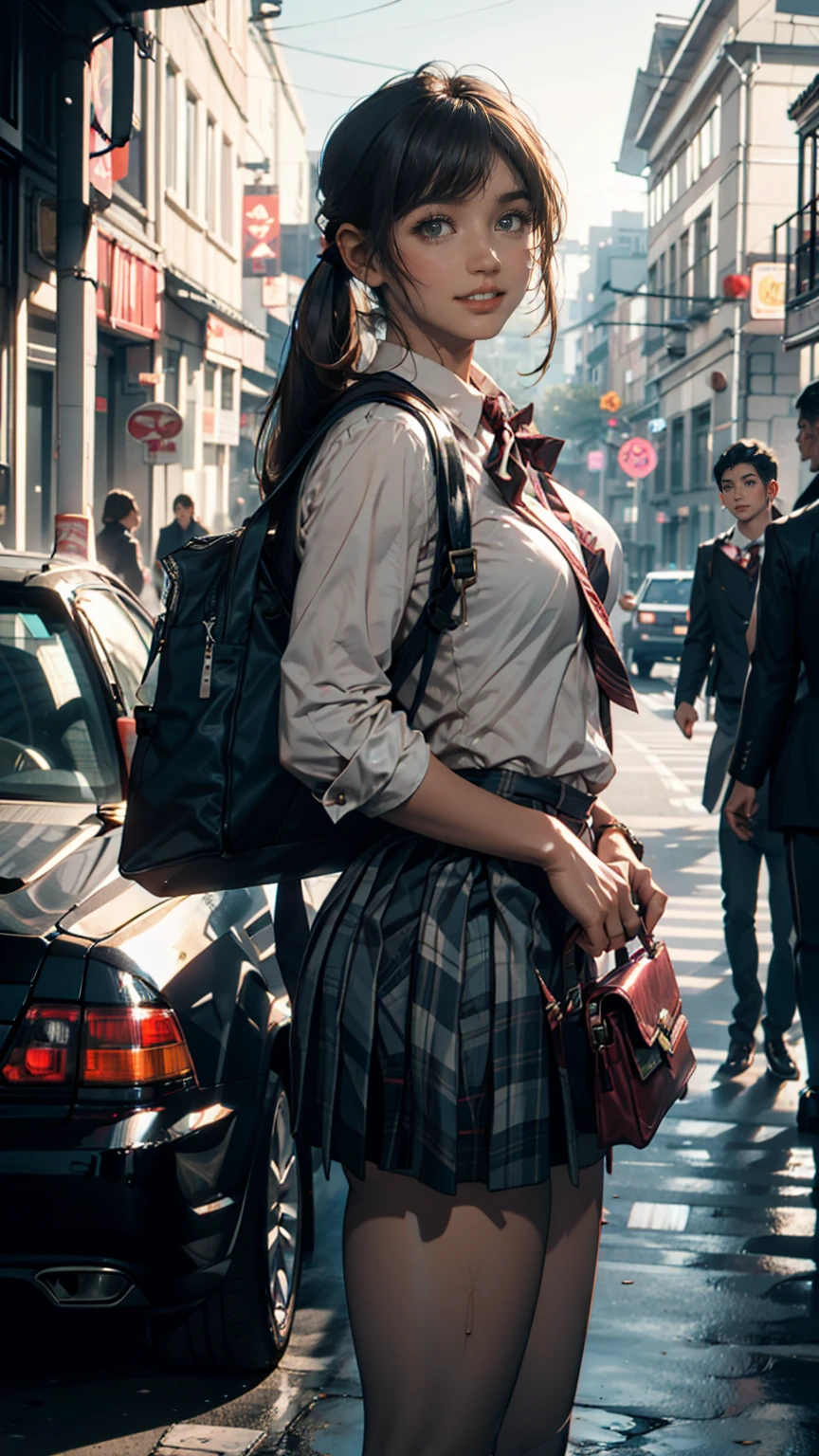  girls nude,  standing, deadline_hideadlinex style, Home,  school uniform,  school bag ,  twin tails, car, carrying bag、blue sky、smile