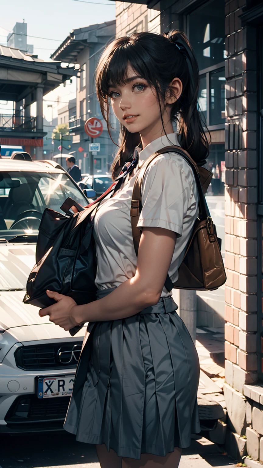  girls nude,  standing, deadline_hideadlinex style, Home,  school uniform,  school bag ,  twin tails, car, carrying bag、blue sky、smile