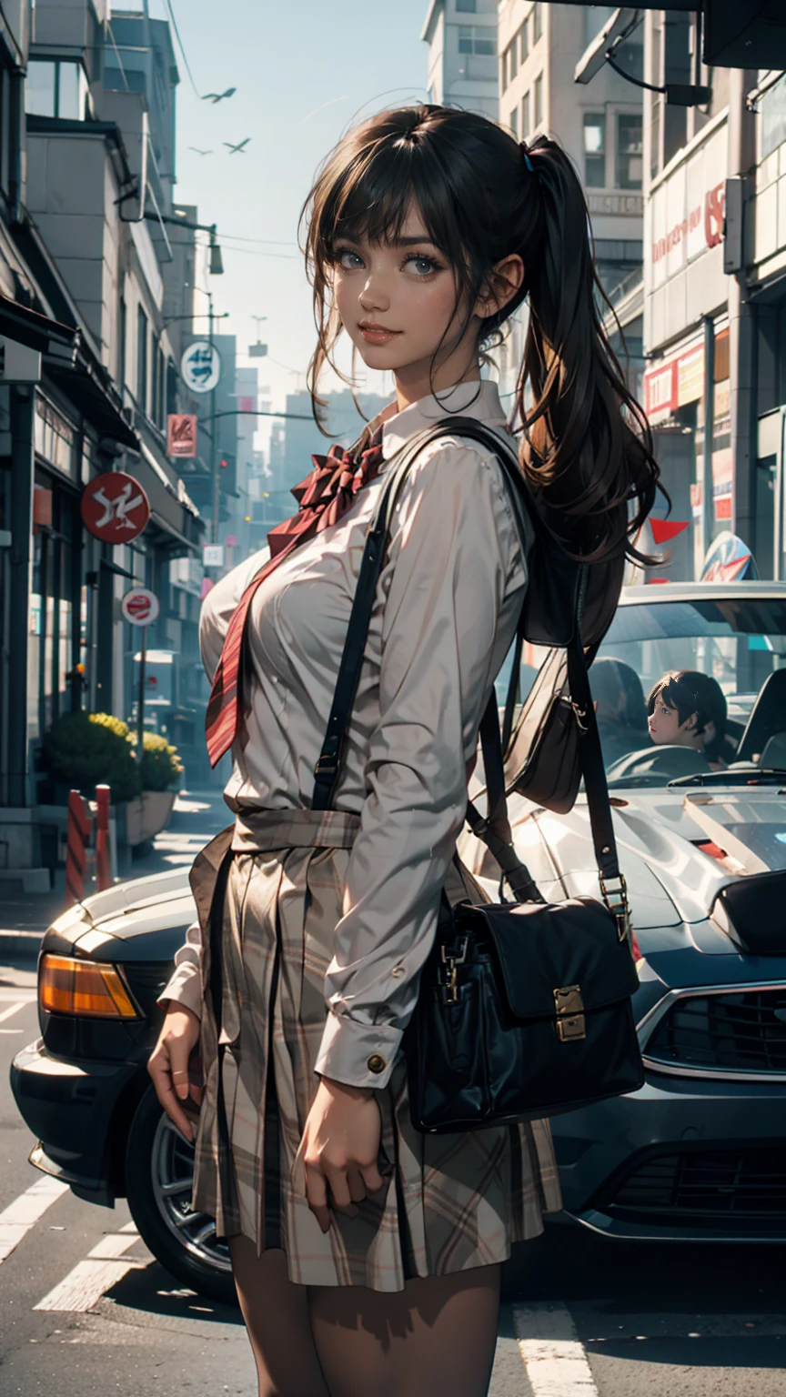  girls nude,  standing, deadline_hideadlinex style, Home,  school uniform,  school bag ,  twin tails, car, carrying bag、blue sky、smile