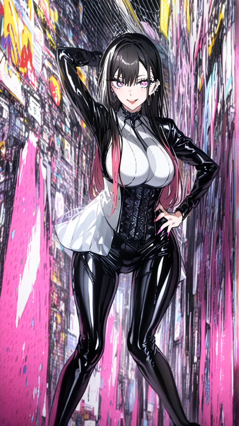 score_9, score_8_up, score_7_up, source_anime,
KitagawaMarin,
1girl, smile,
multicolored hair, long hair, magenta eyes, ear piercing, earrings, pink nails, makeup,
Marin kitagawa, (masterpiece, best quality), mib 2, sexy, HD, silver necklake, Big breast, black leather jacket, black latex corset, black leather pants, black heels, perfect body, sexy pose, hands on own hips