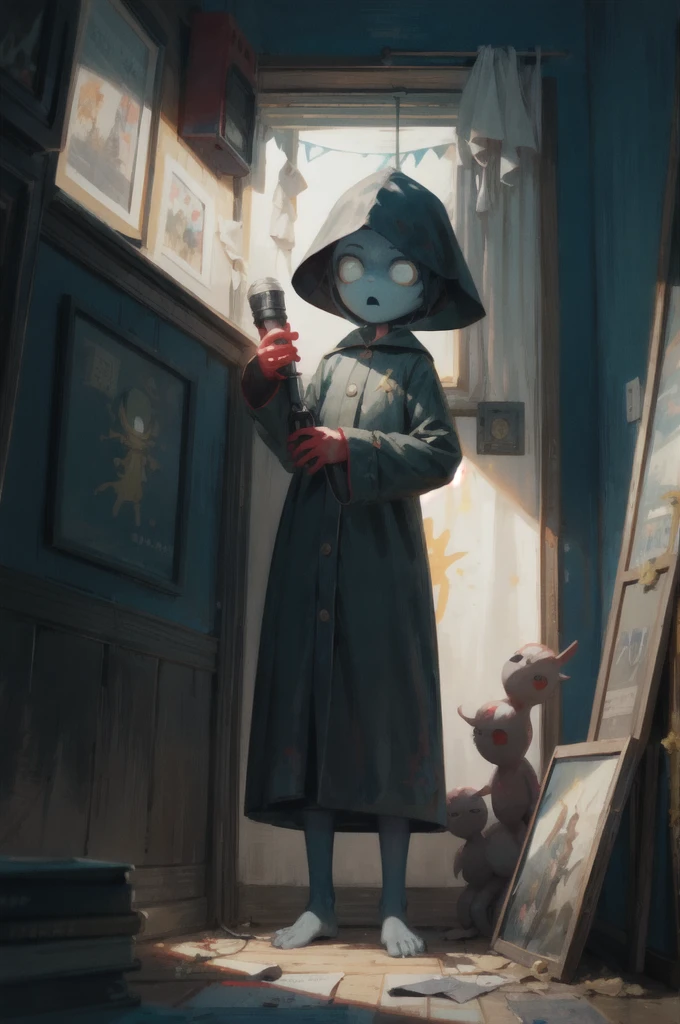 a close up of a person holding a flashlight in a dark room, little nightmares, six from little nightmares, still from animated horror movie, animated film, horror video game, horror game graphics, horror game, anton semenov, by Pixar, animation film, animated movie, anato finnstark. pixar, frame from pixar movie, indie video game horror