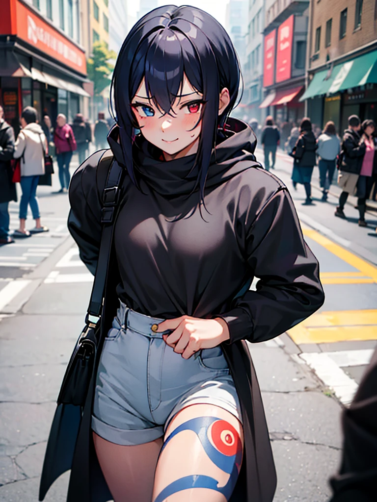 (​masterpiece, top-quality, hight resolution, Unity 8k, extremely details CG:1, Best Picture), Upper body, ((1girl, heterochromia, red eyes, blue eyestattoo, tattoo)), "A modern urban setting, a young woman wearing a casual outfit consisting of a hoodie, jeans, and casual sneakers, standing in a bustling city street. She is not wearing a mask this time, and her face shows a wide, mischievous smile, her eyes sparkling with excitement. Her posture is relaxed but slightly playful, and her expression suggests she's eagerly imagining what's about to happen. The backdrop includes small shops and blurred passersby, emphasizing the focus on her emotions. She carries a small crossbody bag, with minimal belongings, implying her mind is solely focused on the person she's meeting. The mood is lighthearted, with a hint of intimacy and anticipation, as this is their second meeting, and they seem to have exceptional chemistry."