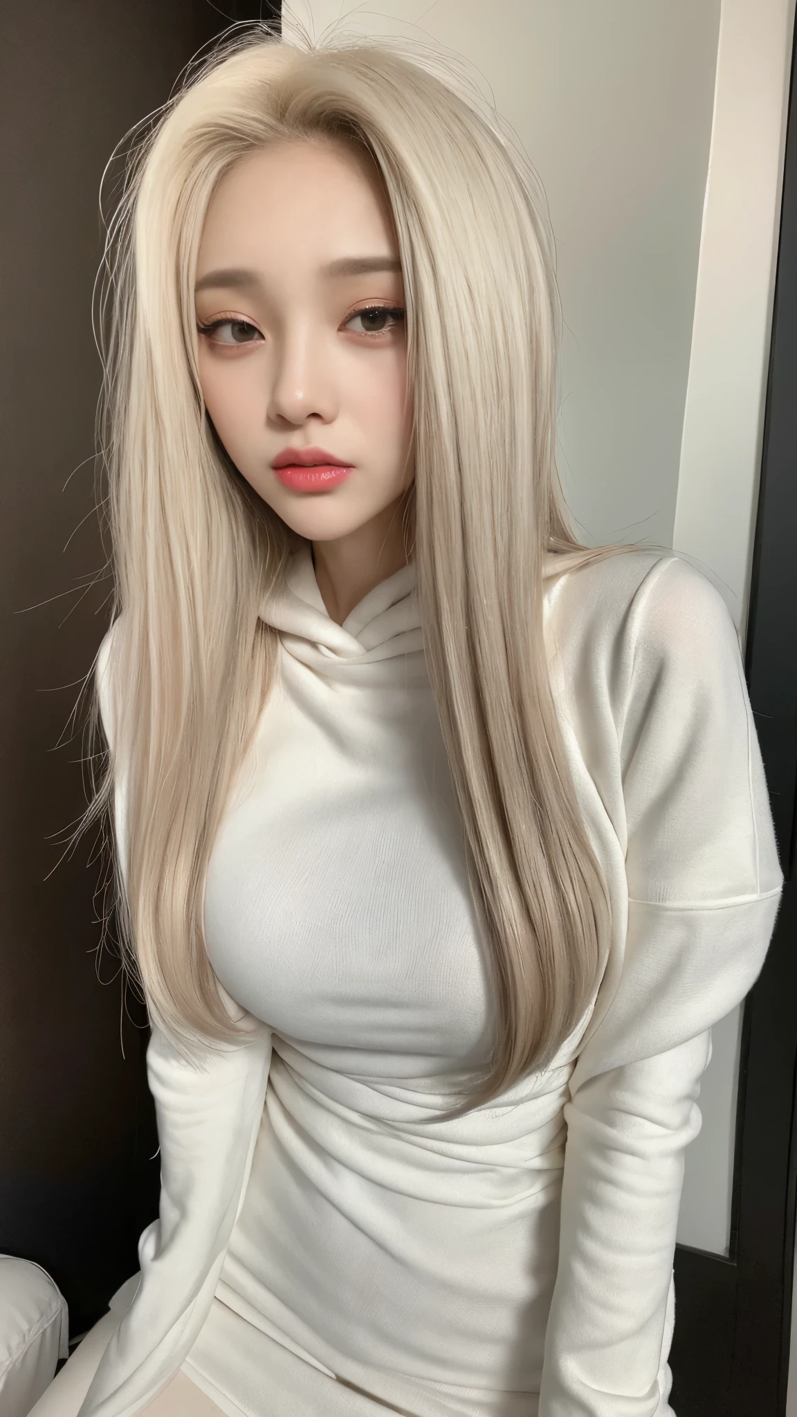 a close up of a woman with long blonde hair wearing a black top, korean girl, beautiful south korean woman, with white long hair, her hair is white, with long white hair, gorgeous young korean woman, korean woman, roseanne park of blackpink, perfect white haired girl, heonhwa choe, girl with white hair, beautiful young korean woman, korean idol