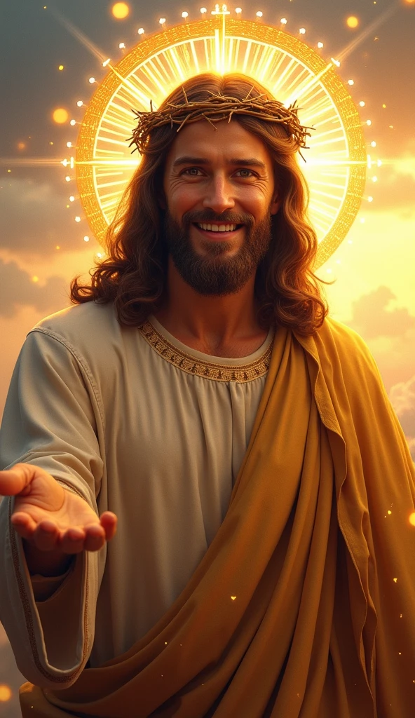 "Jesus Christ wearing a crown of thorns, with a warm and gentle smile on His face, reaching out His hand as if inviting or calling. His expression is full of love and kindness, radiating a welcoming and compassionate presence. The background is softly illuminated with a gentle light, enhancing the feeling of divine invitation and warmth."