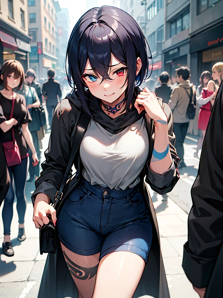 (​masterpiece, top-quality, hight resolution, Unity 8k, extremely details CG:1, Best Picture), Upper body, ((1girl, heterochromia, red eyes, blue eyestattoo, tattoo)), "A modern urban setting, a young woman wearing a casual outfit consisting of a hoodie, jeans, and casual sneakers, standing in a bustling city street. She is not wearing a mask this time, and her face shows a wide, mischievous smile, her eyes sparkling with excitement. Her posture is relaxed but slightly playful, and her expression suggests she's eagerly imagining what's about to happen. The backdrop includes small shops and blurred passersby, emphasizing the focus on her emotions. She carries a small crossbody bag, with minimal belongings, implying her mind is solely focused on the person she's meeting. The mood is lighthearted, with a hint of intimacy and anticipation, as this is their second meeting, and they seem to have exceptional chemistry."