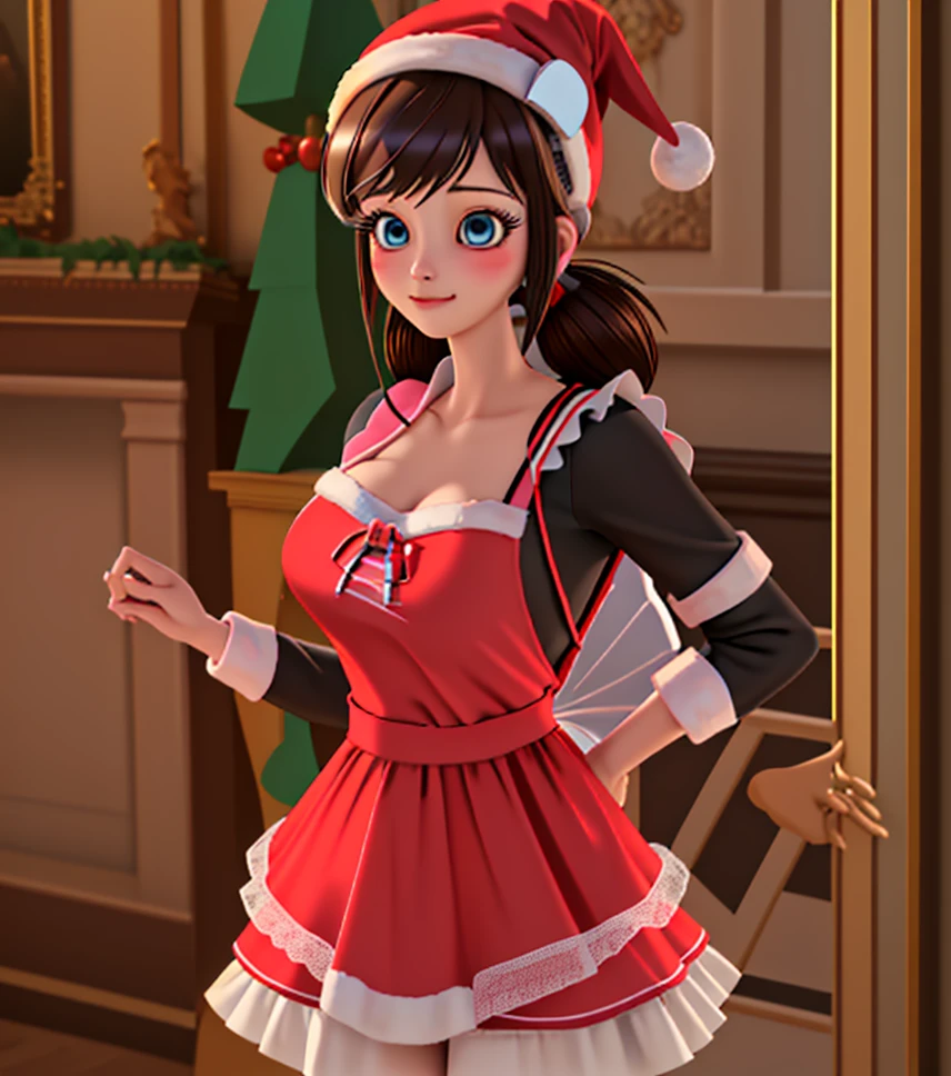 (8k, RAW photo, best quality, masterpiece:1.2), (intricate details), perfect eyes, eye mask, perfect face, perfect lighting, beautiful, (masterpiece:1.2), (best quality:1.2), (Marinette, brown hair,)  mouse ears, adult torso, 19 years old, slight smile, big sized breasts, ( red maid dress, white apron, ) Blue eyes, Sparkle, Blush, Cowboy Shot, racoon tail, santa hat,