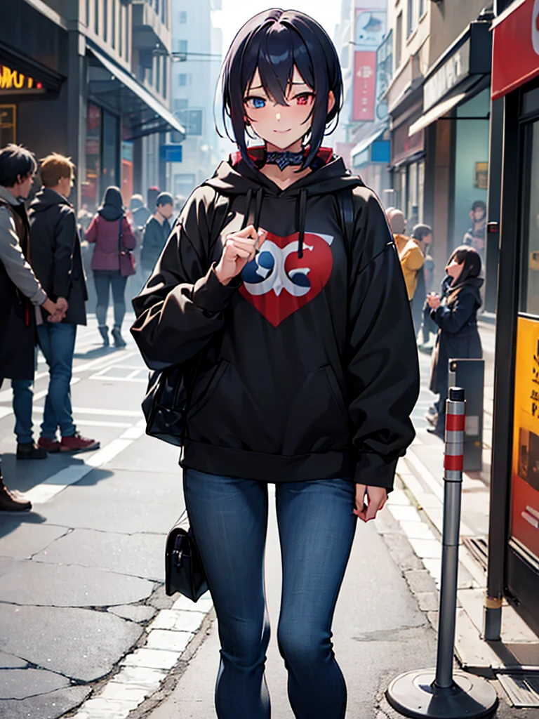 (​masterpiece, top-quality, hight resolution, Unity 8k, extremely details CG:1, Best Picture), Upper body, ((1girl, heterochromia, red eyes, blue eyestattoo, tattoo)), "A modern urban setting, a young woman wearing a casual outfit consisting of a hoodie, jeans, and casual sneakers, standing in a bustling city street. She is not wearing a mask this time, and her face shows a wide, mischievous smile, her eyes sparkling with excitement. Her posture is relaxed but slightly playful, and her expression suggests she's eagerly imagining what's about to happen. The backdrop includes small shops and blurred passersby, emphasizing the focus on her emotions. She carries a small crossbody bag, with minimal belongings, implying her mind is solely focused on the person she's meeting. The mood is lighthearted, with a hint of intimacy and anticipation, as this is their second meeting, and they seem to have exceptional chemistry."