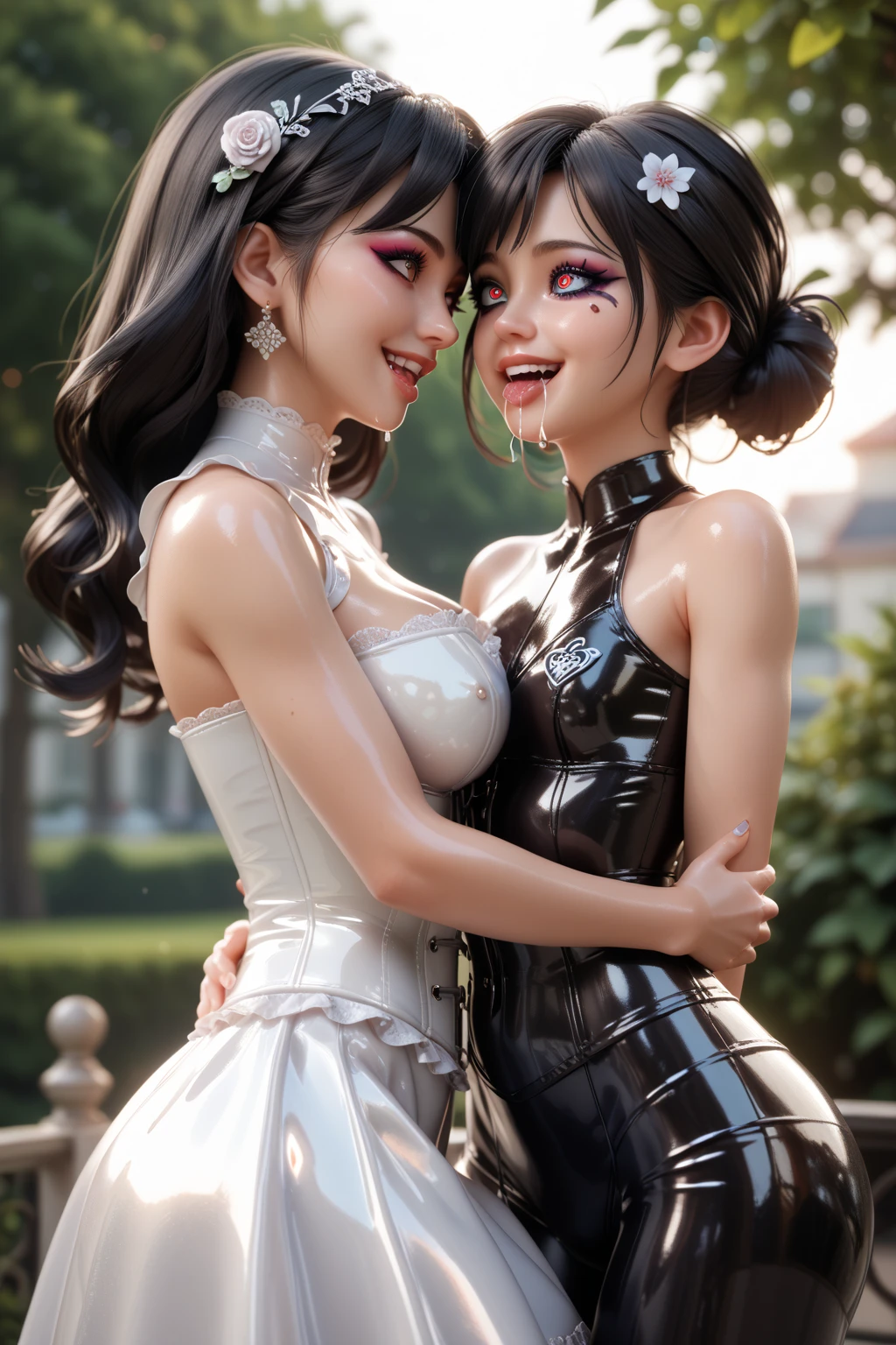 Mother and 2 young girls in extremely tight shiny latex dress, langes Haar,  black hair, saliva, salivafluss, salivaspur, Lens reflection, Reflected light,  high resolution ,  masterpiece, Strong Makeup,smile, Spiral eyes, Standing together in the park, corset, very strong shiny skin, Wide angle, embrace, Multiple views, 