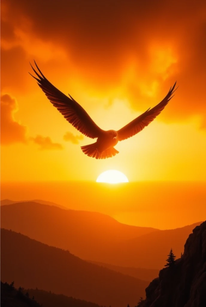 A majestic bird silhouette soaring through a vibrant sunset sky, (best quality,4k,8k,highres,masterpiece:1.2),ultra-detailed,(realistic,photorealistic,photo-realistic:1.37),dramatic lighting, vivid colors, cinematic composition, intricate feather details, beautiful bird anatomy, dynamic wing movement, golden hour lighting, atmospheric haze, detailed background landscape, serene and peaceful mood