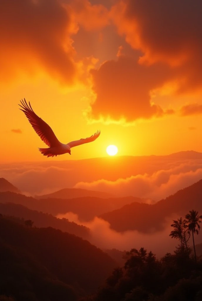 A majestic bird silhouette soaring through a vibrant sunset sky, (best quality,4k,8k,highres,masterpiece:1.2),ultra-detailed,(realistic,photorealistic,photo-realistic:1.37),dramatic lighting, vivid colors, cinematic composition, intricate feather details, beautiful bird anatomy, dynamic wing movement, golden hour lighting, atmospheric haze, detailed background landscape, serene and peaceful mood