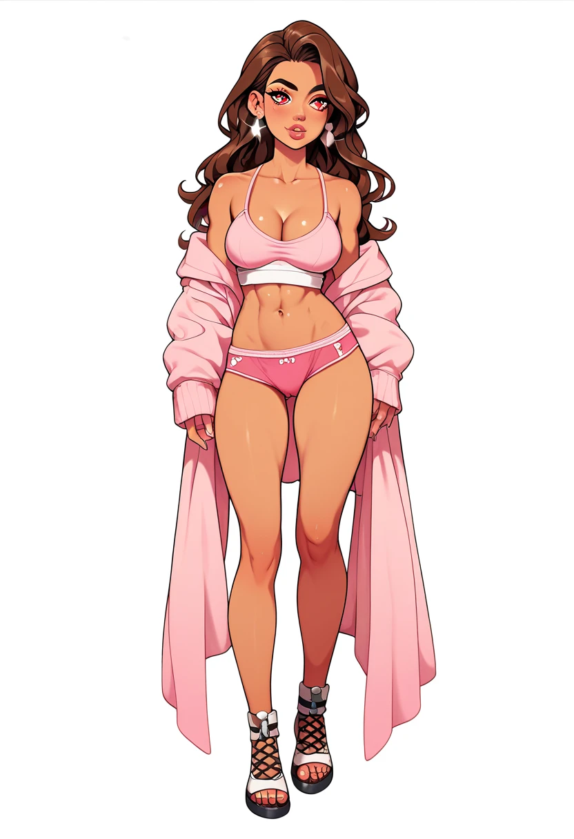 1 girl, Long Brunette Hair, Red Eyes, Pink bikini, Sly face., smirk, Company office room ,large boobs, barefoot , full entire body, stand on your hips, Stand up straight.. , Corner of the building , daylight