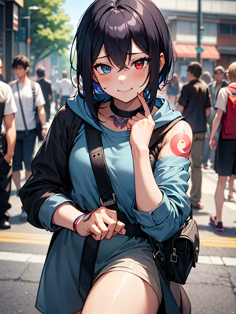 (​masterpiece, top-quality, hight resolution, Unity 8k, extremely details CG:1, Best Picture), Upper body, ((1girl, heterochromia, red eyes, blue eyestattoo, tattoo)), "A modern urban setting, a young woman wearing a casual outfit consisting of a hoodie, jeans, and casual sneakers, standing in a bustling city street. She is not wearing a mask this time, and her face shows a wide, mischievous smile, her eyes sparkling with excitement. Her posture is relaxed but slightly playful, and her expression suggests she's eagerly imagining what's about to happen. The backdrop includes small shops and blurred passersby, emphasizing the focus on her emotions. She carries a small crossbody bag, with minimal belongings, implying her mind is solely focused on the person she's meeting. The mood is lighthearted, with a hint of intimacy and anticipation, as this is their second meeting, and they seem to have exceptional chemistry."